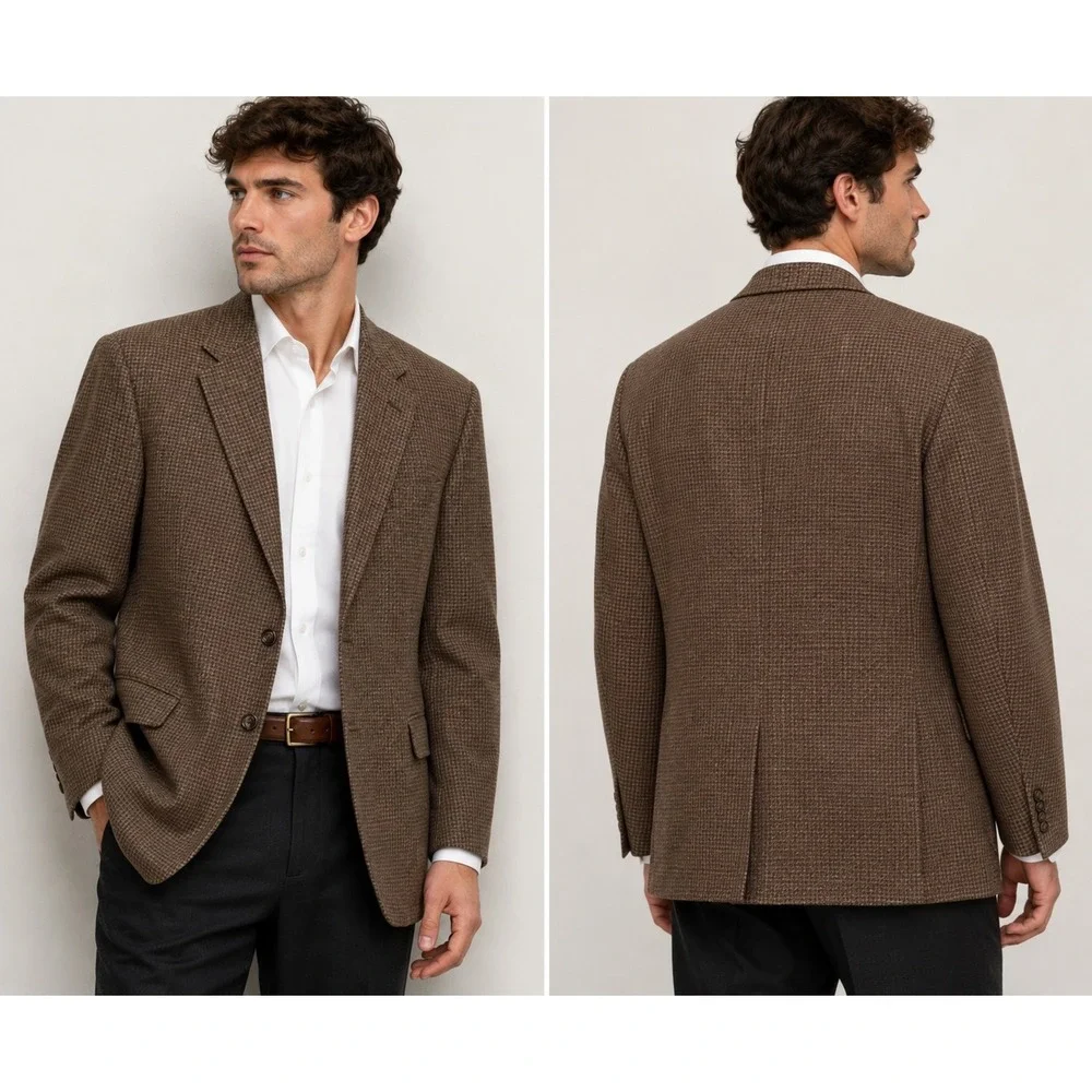 Pronto Uomo Mens 50L Silk Wool Blazer Jacket Brown Houndstooth Made in Italy